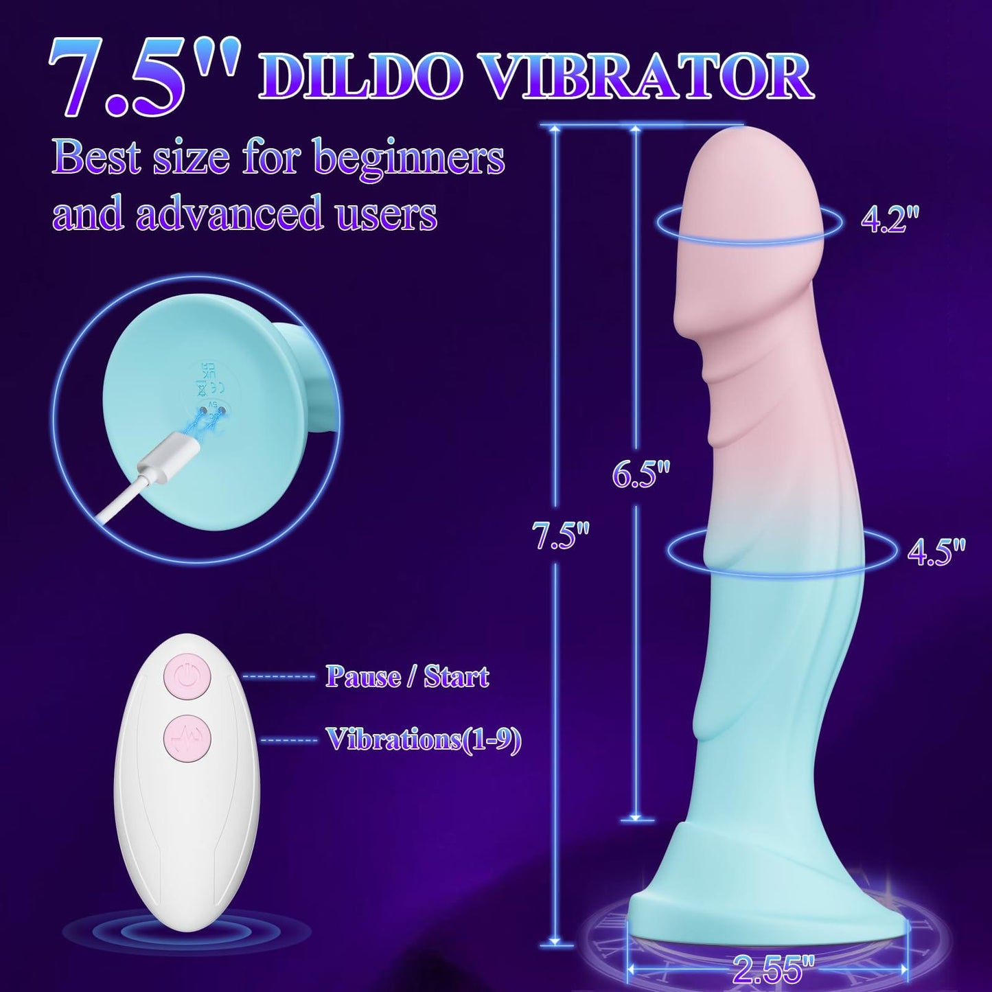 7.5” Realistic Silicone Dildo – Suction Cup, 9 Vibration Modes, Remote-Controlled, Waterproof & Rechargeable